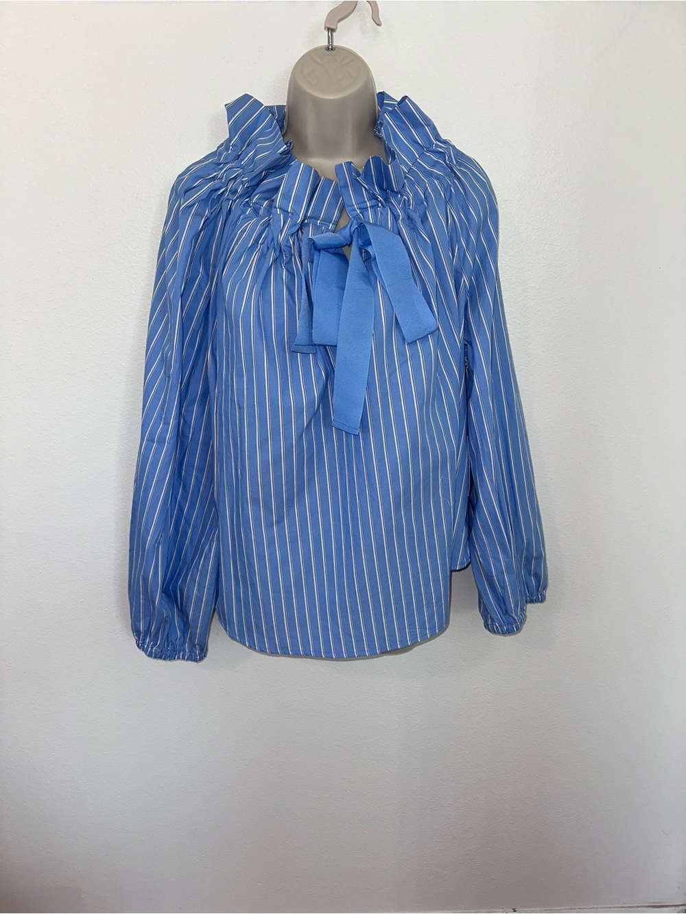 Striped Tie-Neck Women's Blouse in Light Blue
